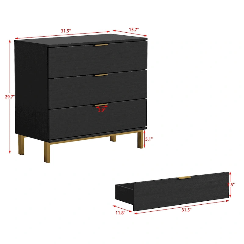 Comodino a 3 cassetti in MDF con ripiano inferiore aperto e piano del tavolo impermeabile – Nero, singolo