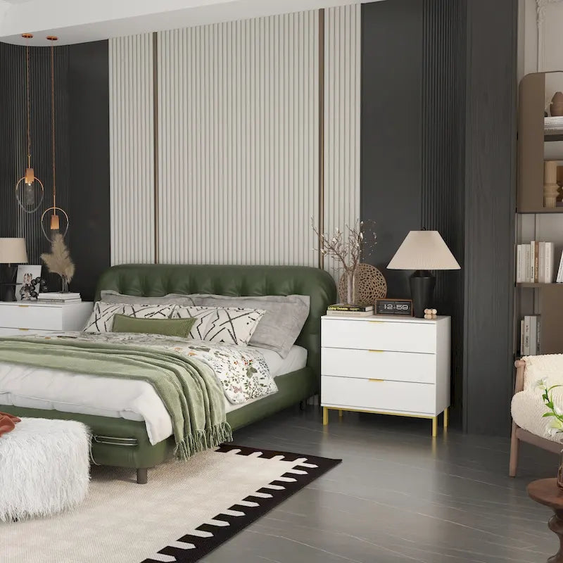 Comodino a 3 cassetti in MDF con ripiano inferiore aperto e piano del tavolo impermeabile – Nero, singolo