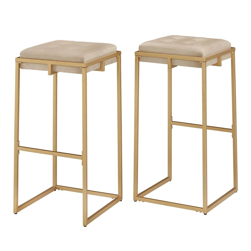 Sgabello da Bar Senza Schienale in Velluto con Bottoni, Base e Poggiapiedi in Metallo Dorato – Beige / Blu / Verde, Altezza Bancone / Bar
