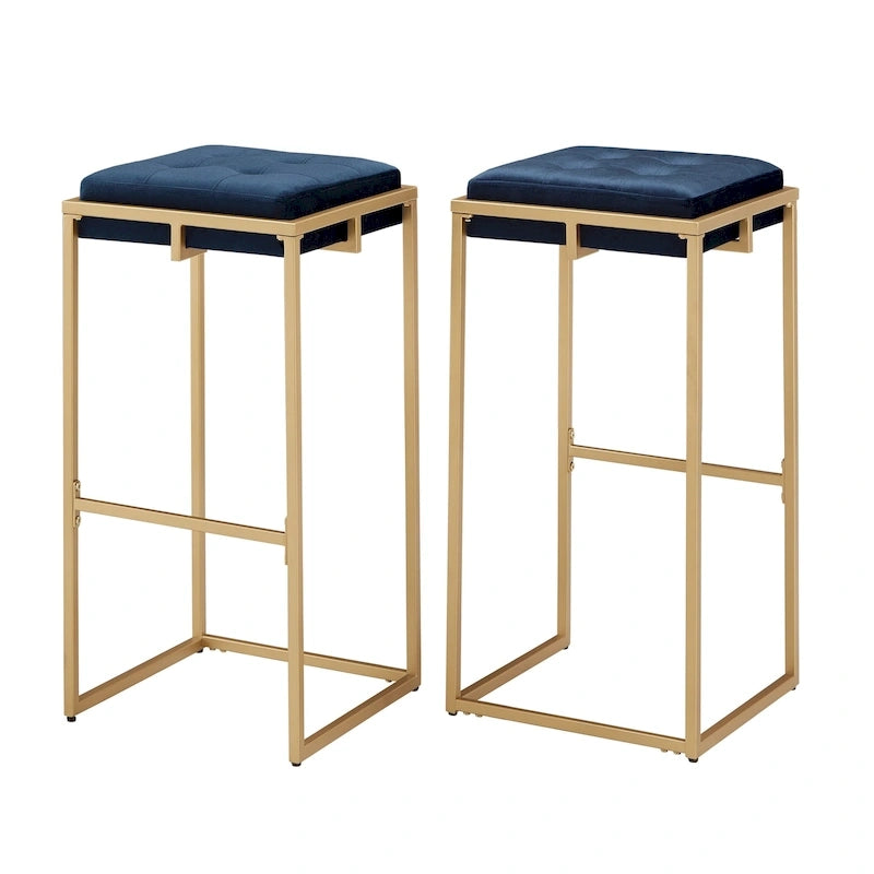 Sgabello da Bar Senza Schienale in Velluto con Bottoni, Base e Poggiapiedi in Metallo Dorato – Beige / Blu / Verde, Altezza Bancone / Bar