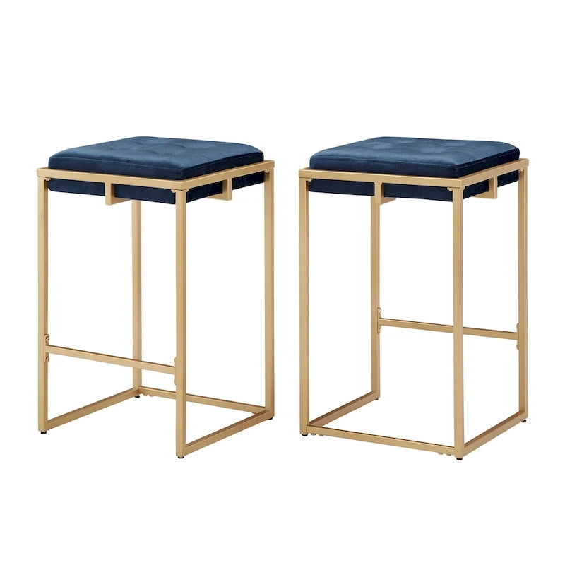 Sgabello da Bar Senza Schienale in Velluto con Bottoni, Base e Poggiapiedi in Metallo Dorato – Beige / Blu / Verde, Altezza Bancone / Bar
