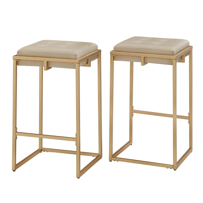 Sgabello da Bar Senza Schienale in Velluto con Bottoni, Base e Poggiapiedi in Metallo Dorato – Beige / Blu / Verde, Altezza Bancone / Bar