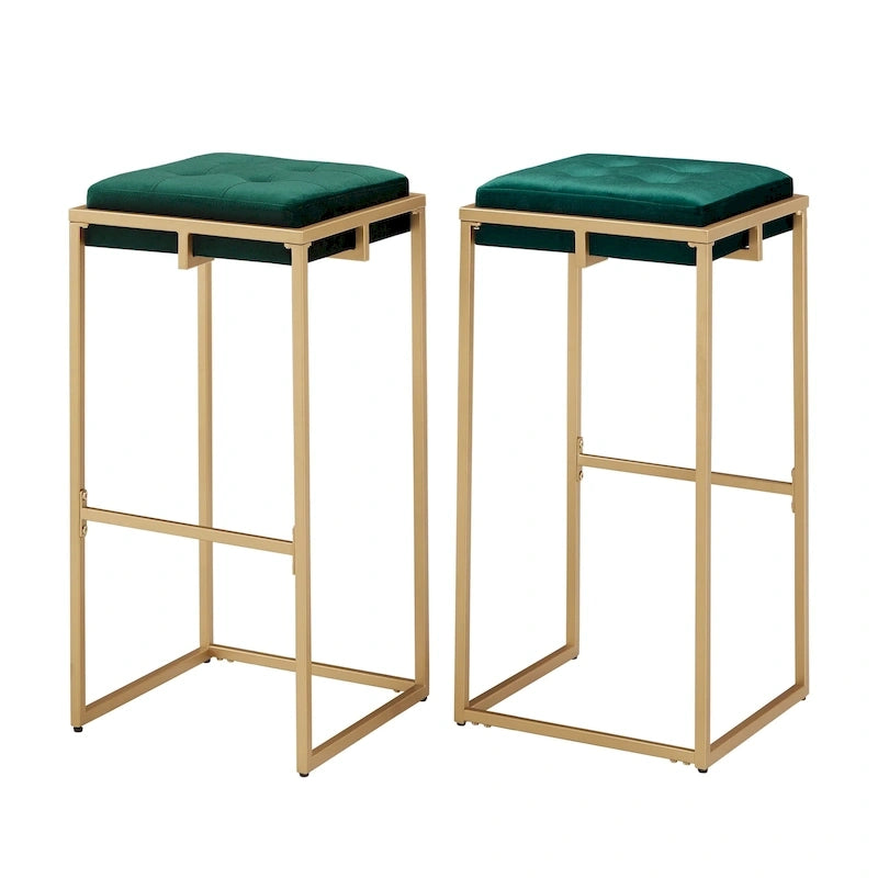 Sgabello da Bar Senza Schienale in Velluto con Bottoni, Base e Poggiapiedi in Metallo Dorato – Beige / Blu / Verde, Altezza Bancone / Bar