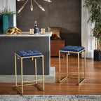 Sgabello da Bar Senza Schienale in Velluto con Bottoni, Base e Poggiapiedi in Metallo Dorato – Beige / Blu / Verde, Altezza Bancone / Bar