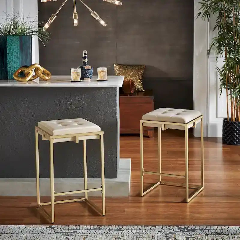 Sgabello da Bar Senza Schienale in Velluto con Bottoni, Base e Poggiapiedi in Metallo Dorato – Beige / Blu / Verde, Altezza Bancone / Bar