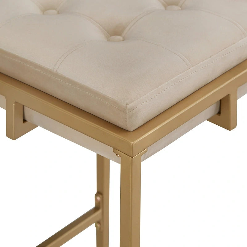 Sgabello da Bar Senza Schienale in Velluto con Bottoni, Base e Poggiapiedi in Metallo Dorato – Beige / Blu / Verde, Altezza Bancone / Bar