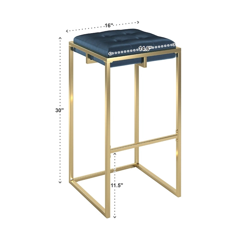 Sgabello da Bar Senza Schienale in Velluto con Bottoni, Base e Poggiapiedi in Metallo Dorato – Beige / Blu / Verde, Altezza Bancone / Bar