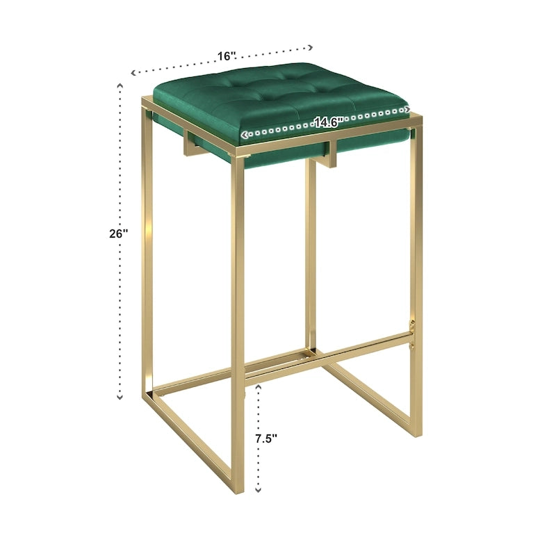 Sgabello da Bar Senza Schienale in Velluto con Bottoni, Base e Poggiapiedi in Metallo Dorato – Beige / Blu / Verde, Altezza Bancone / Bar