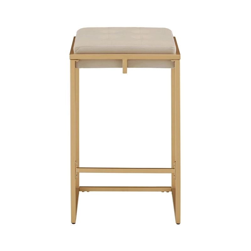 Sgabello da Bar Senza Schienale in Velluto con Bottoni, Base e Poggiapiedi in Metallo Dorato – Beige / Blu / Verde, Altezza Bancone / Bar