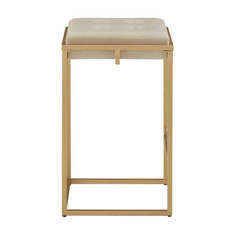 Sgabello da Bar Senza Schienale in Velluto con Bottoni, Base e Poggiapiedi in Metallo Dorato – Beige / Blu / Verde, Altezza Bancone / Bar