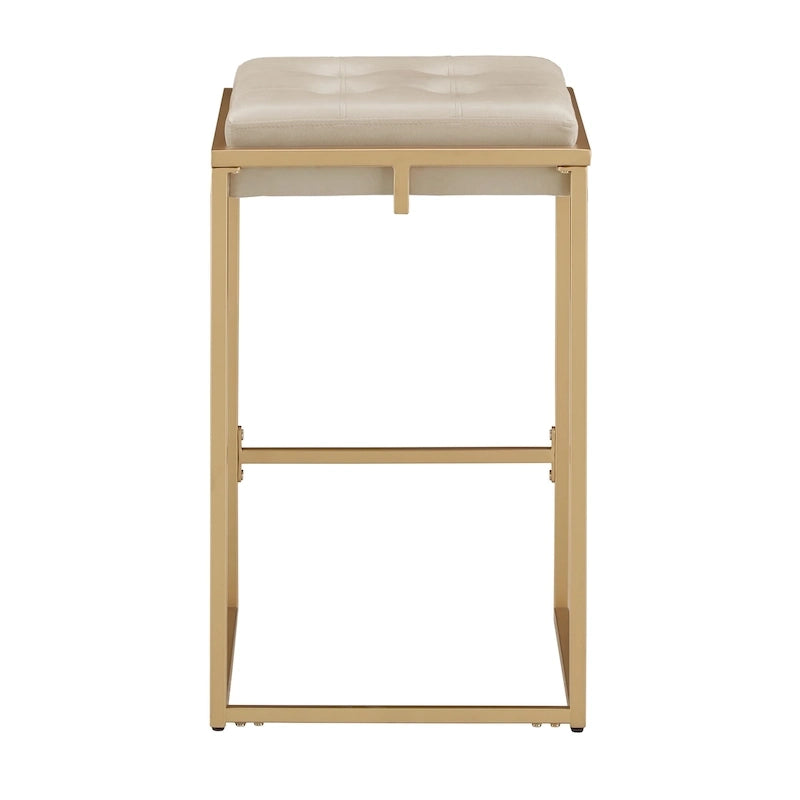 Sgabello da Bar Senza Schienale in Velluto con Bottoni, Base e Poggiapiedi in Metallo Dorato – Beige / Blu / Verde, Altezza Bancone / Bar