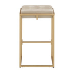 Sgabello da Bar Senza Schienale in Velluto con Bottoni, Base e Poggiapiedi in Metallo Dorato – Beige / Blu / Verde, Altezza Bancone / Bar
