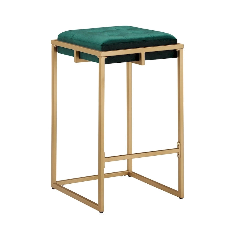 Sgabello da Bar Senza Schienale in Velluto con Bottoni, Base e Poggiapiedi in Metallo Dorato – Beige / Blu / Verde, Altezza Bancone / Bar