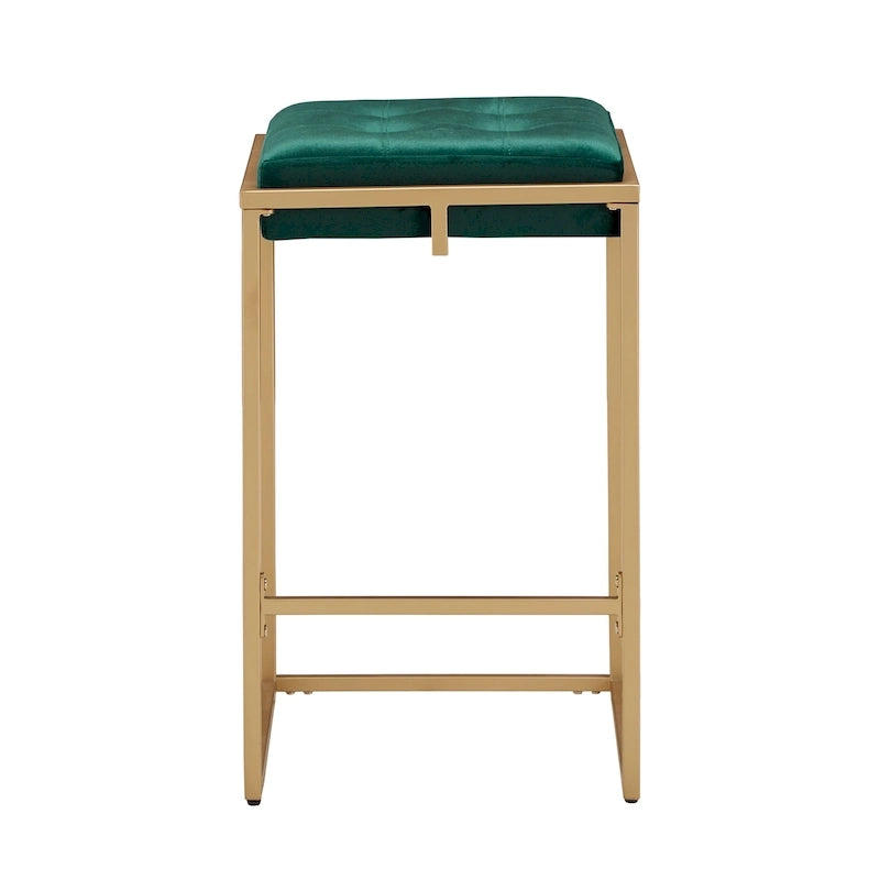 Sgabello da Bar Senza Schienale in Velluto con Bottoni, Base e Poggiapiedi in Metallo Dorato – Beige / Blu / Verde, Altezza Bancone / Bar