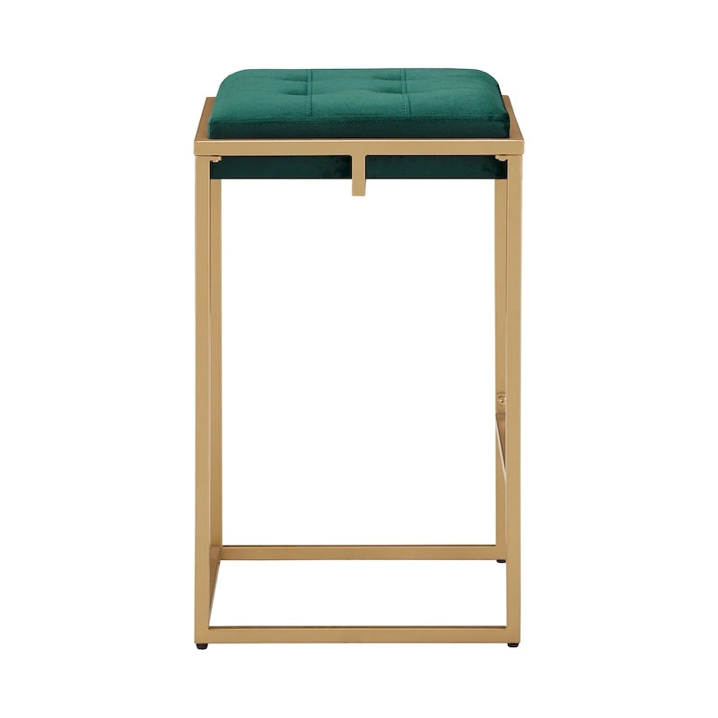 Sgabello da Bar Senza Schienale in Velluto con Bottoni, Base e Poggiapiedi in Metallo Dorato – Beige / Blu / Verde, Altezza Bancone / Bar