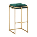 Sgabello da Bar Senza Schienale in Velluto con Bottoni, Base e Poggiapiedi in Metallo Dorato – Beige / Blu / Verde, Altezza Bancone / Bar