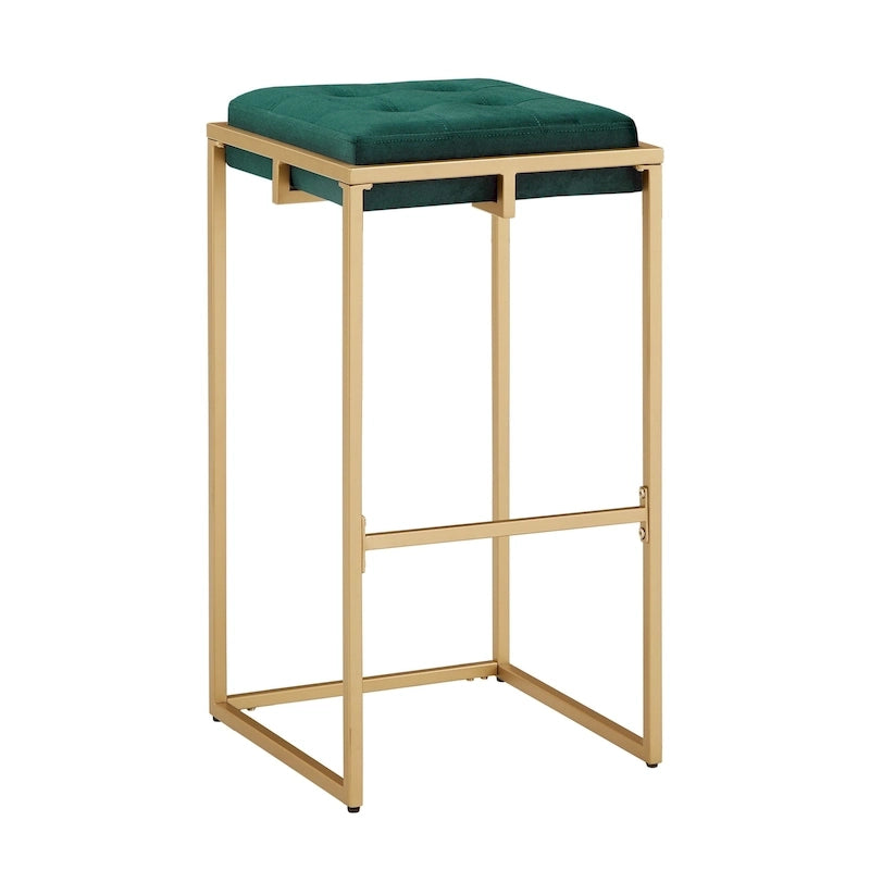 Sgabello da Bar Senza Schienale in Velluto con Bottoni, Base e Poggiapiedi in Metallo Dorato – Beige / Blu / Verde, Altezza Bancone / Bar
