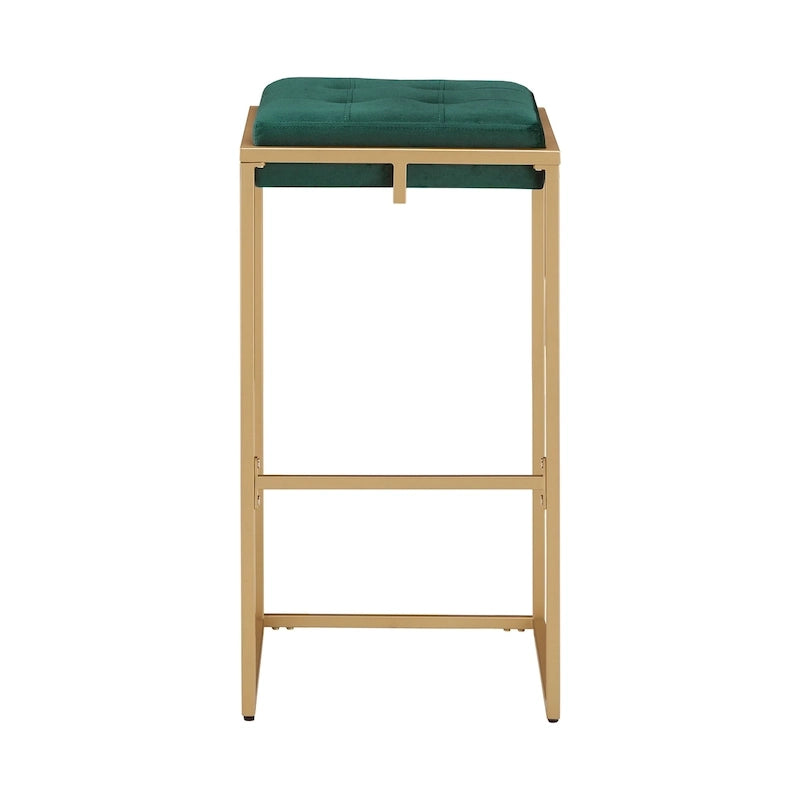 Sgabello da Bar Senza Schienale in Velluto con Bottoni, Base e Poggiapiedi in Metallo Dorato – Beige / Blu / Verde, Altezza Bancone / Bar