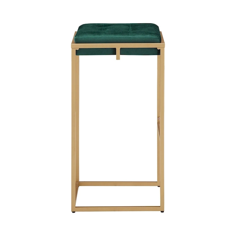 Sgabello da Bar Senza Schienale in Velluto con Bottoni, Base e Poggiapiedi in Metallo Dorato – Beige / Blu / Verde, Altezza Bancone / Bar