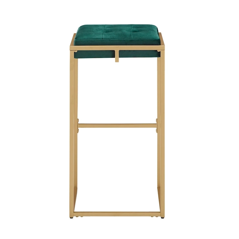 Sgabello da Bar Senza Schienale in Velluto con Bottoni, Base e Poggiapiedi in Metallo Dorato – Beige / Blu / Verde, Altezza Bancone / Bar
