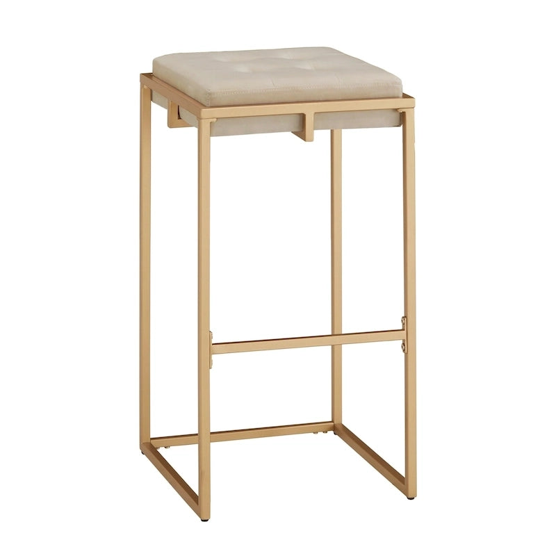 Sgabello da Bar Senza Schienale in Velluto con Bottoni, Base e Poggiapiedi in Metallo Dorato – Beige / Blu / Verde, Altezza Bancone / Bar