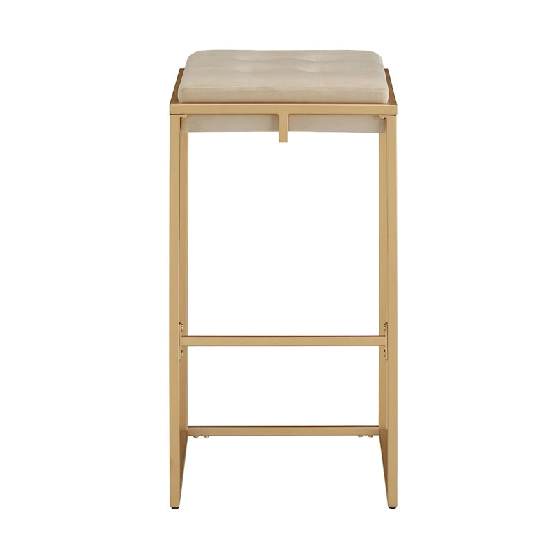 Sgabello da Bar Senza Schienale in Velluto con Bottoni, Base e Poggiapiedi in Metallo Dorato – Beige / Blu / Verde, Altezza Bancone / Bar