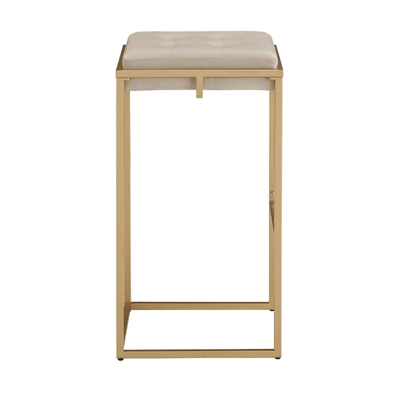 Sgabello da Bar Senza Schienale in Velluto con Bottoni, Base e Poggiapiedi in Metallo Dorato – Beige / Blu / Verde, Altezza Bancone / Bar
