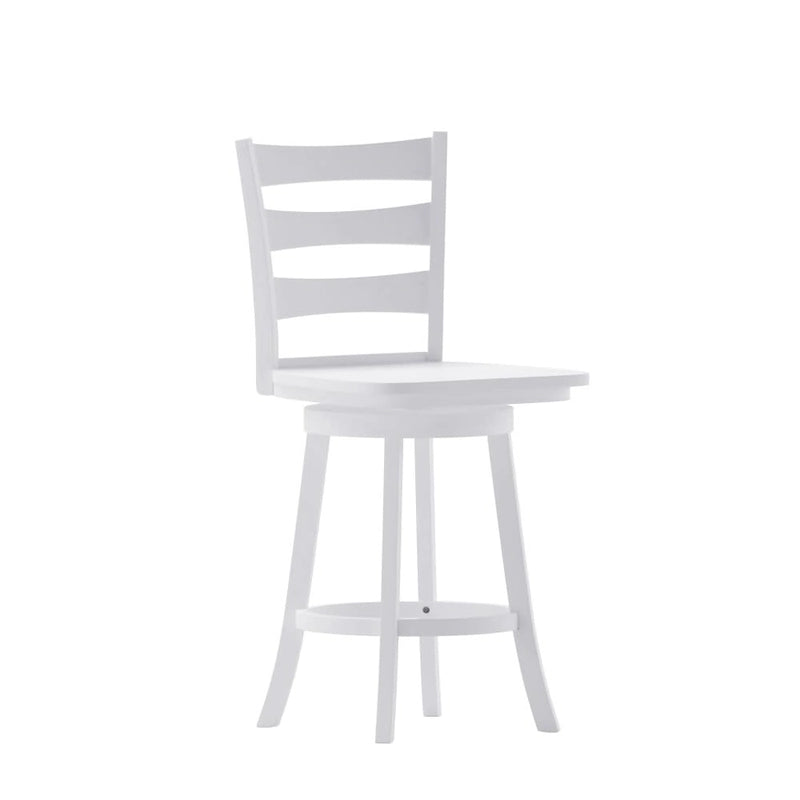 Sgabello da bancone girevole a 360° con schienale a pioli, poggiapiedi e struttura in legno massiccio – Noce grigio slavato / Bianco slavato, singolo