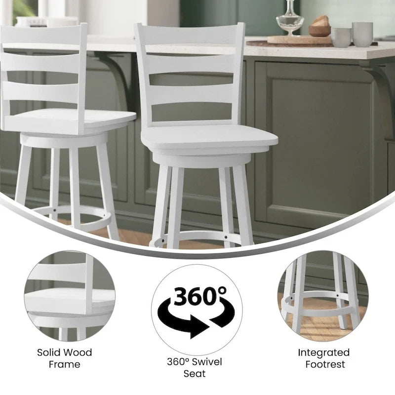 Sgabello da bancone girevole a 360° con schienale a pioli, poggiapiedi e struttura in legno massiccio – Noce grigio slavato / Bianco slavato, singolo