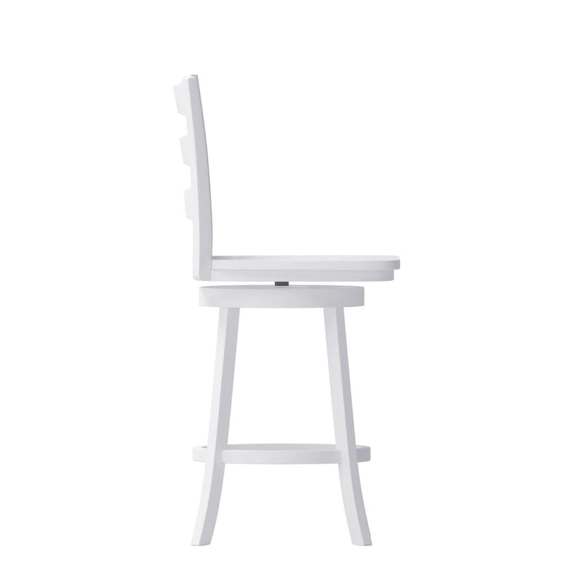 Sgabello da bancone girevole a 360° con schienale a pioli, poggiapiedi e struttura in legno massiccio – Noce grigio slavato / Bianco slavato, singolo