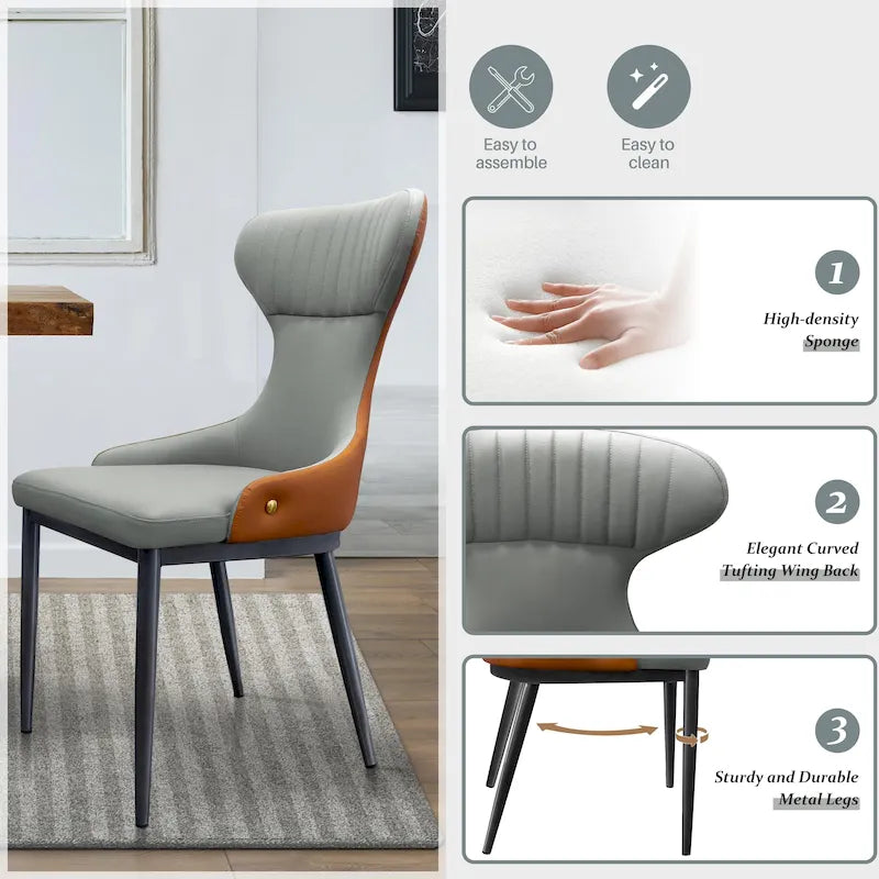 Sedia da pranzo senza braccioli Wingback con schienale trapuntato curvo e gambe in metallo – Grigia