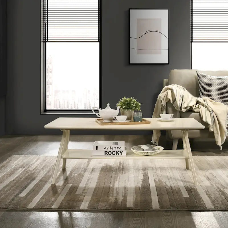 Tavolino da Caffè Mid-Century Modern con Piano Impiallacciato in Okoumé, Gambe e Ripiano Inferiore in Legno di Gomma – Rovere Naturale / Bianco Sporco / Noce, Singolo