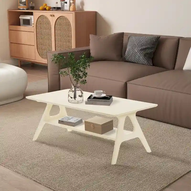 Tavolino da Caffè Mid-Century Modern con Piano Impiallacciato in Okoumé, Gambe e Ripiano Inferiore in Legno di Gomma – Rovere Naturale / Bianco Sporco / Noce, Singolo