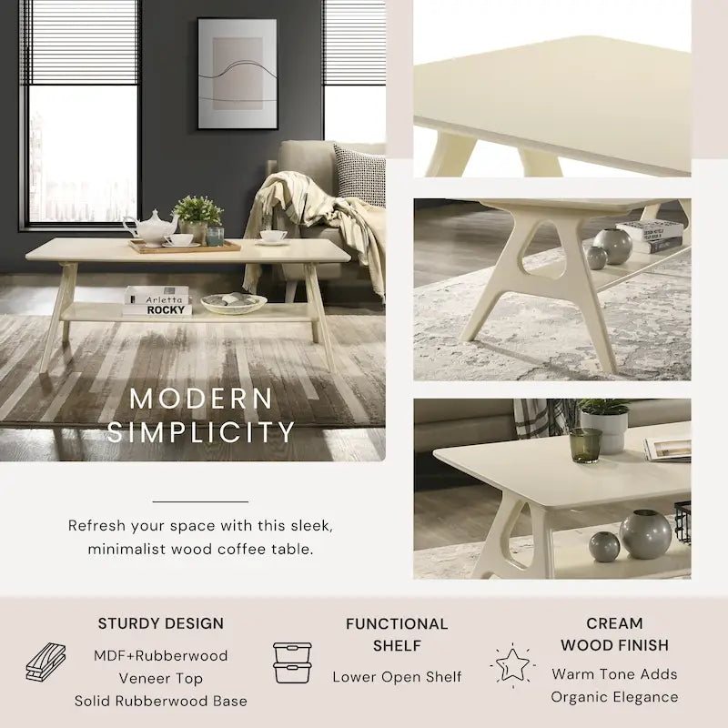 Tavolino da Caffè Mid-Century Modern con Piano Impiallacciato in Okoumé, Gambe e Ripiano Inferiore in Legno di Gomma – Rovere Naturale / Bianco Sporco / Noce, Singolo