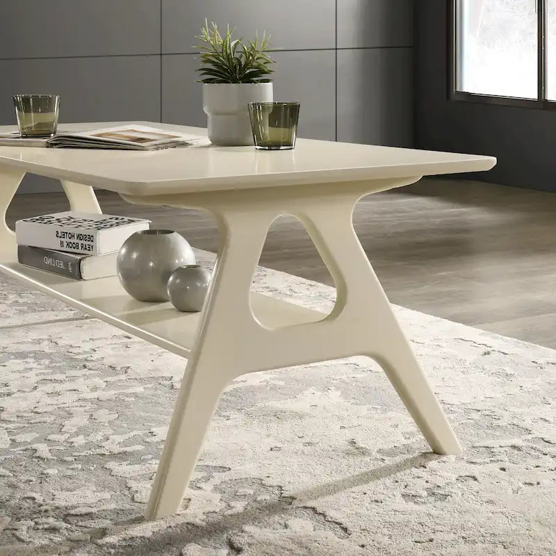 Tavolino da Caffè Mid-Century Modern con Piano Impiallacciato in Okoumé, Gambe e Ripiano Inferiore in Legno di Gomma – Rovere Naturale / Bianco Sporco / Noce, Singolo