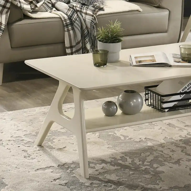 Tavolino da Caffè Mid-Century Modern con Piano Impiallacciato in Okoumé, Gambe e Ripiano Inferiore in Legno di Gomma – Rovere Naturale / Bianco Sporco / Noce, Singolo