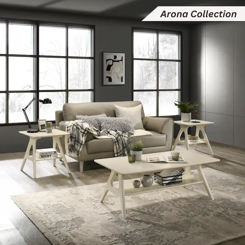 Tavolino da Caffè Mid-Century Modern con Piano Impiallacciato in Okoumé, Gambe e Ripiano Inferiore in Legno di Gomma – Rovere Naturale / Bianco Sporco / Noce, Singolo