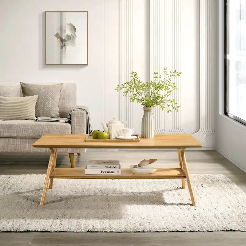 Tavolino da Caffè Mid-Century Modern con Piano Impiallacciato in Okoumé, Gambe e Ripiano Inferiore in Legno di Gomma – Rovere Naturale / Bianco Sporco / Noce, Singolo
