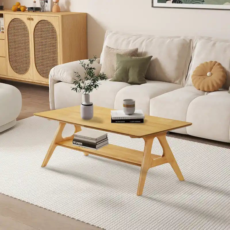 Tavolino da Caffè Mid-Century Modern con Piano Impiallacciato in Okoumé, Gambe e Ripiano Inferiore in Legno di Gomma – Rovere Naturale / Bianco Sporco / Noce, Singolo
