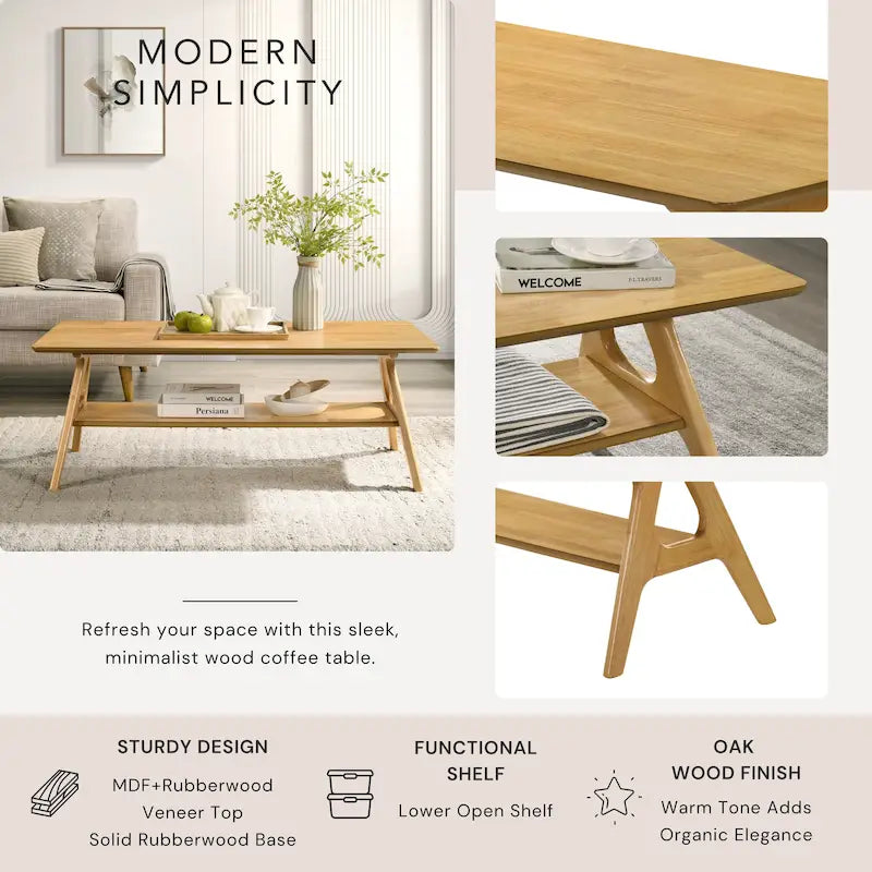 Tavolino da Caffè Mid-Century Modern con Piano Impiallacciato in Okoumé, Gambe e Ripiano Inferiore in Legno di Gomma – Rovere Naturale / Bianco Sporco / Noce, Singolo
