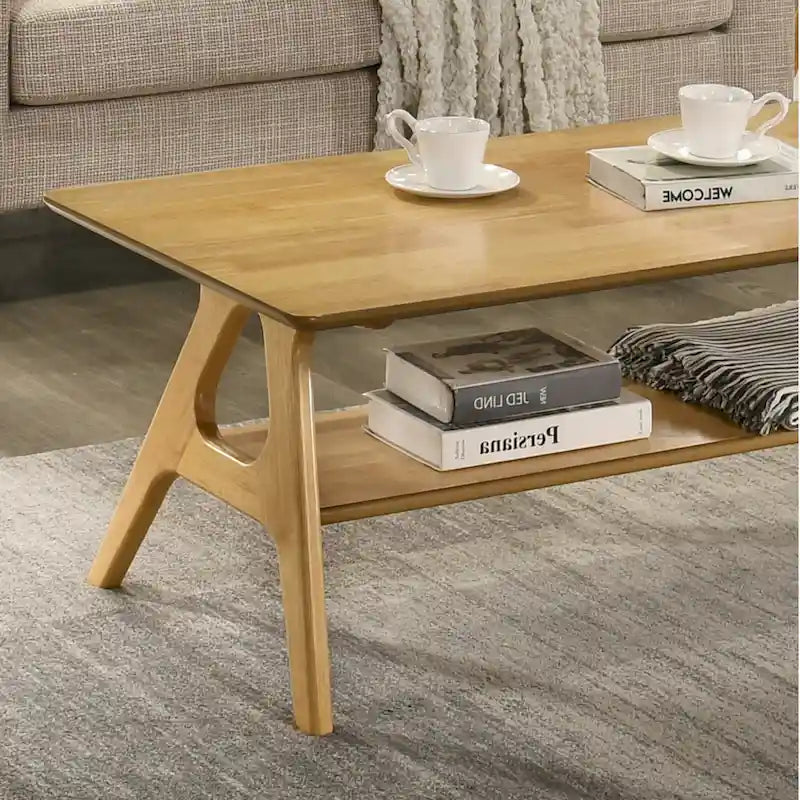 Tavolino da Caffè Mid-Century Modern con Piano Impiallacciato in Okoumé, Gambe e Ripiano Inferiore in Legno di Gomma – Rovere Naturale / Bianco Sporco / Noce, Singolo