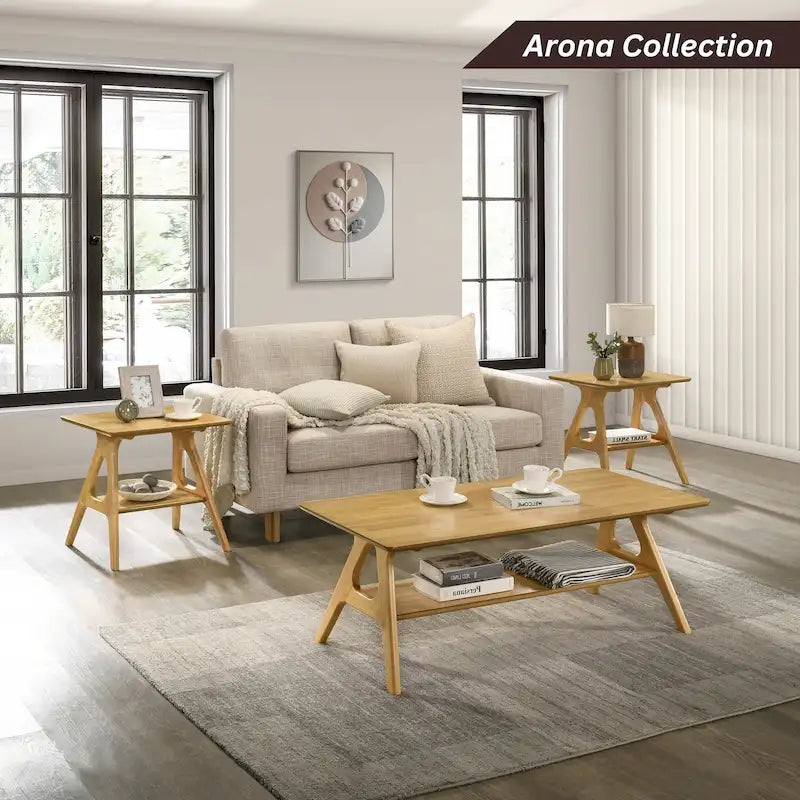Tavolino da Caffè Mid-Century Modern con Piano Impiallacciato in Okoumé, Gambe e Ripiano Inferiore in Legno di Gomma – Rovere Naturale / Bianco Sporco / Noce, Singolo