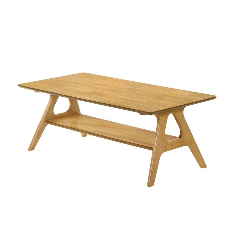 Tavolino da Caffè Mid-Century Modern con Piano Impiallacciato in Okoumé, Gambe e Ripiano Inferiore in Legno di Gomma – Rovere Naturale / Bianco Sporco / Noce, Singolo