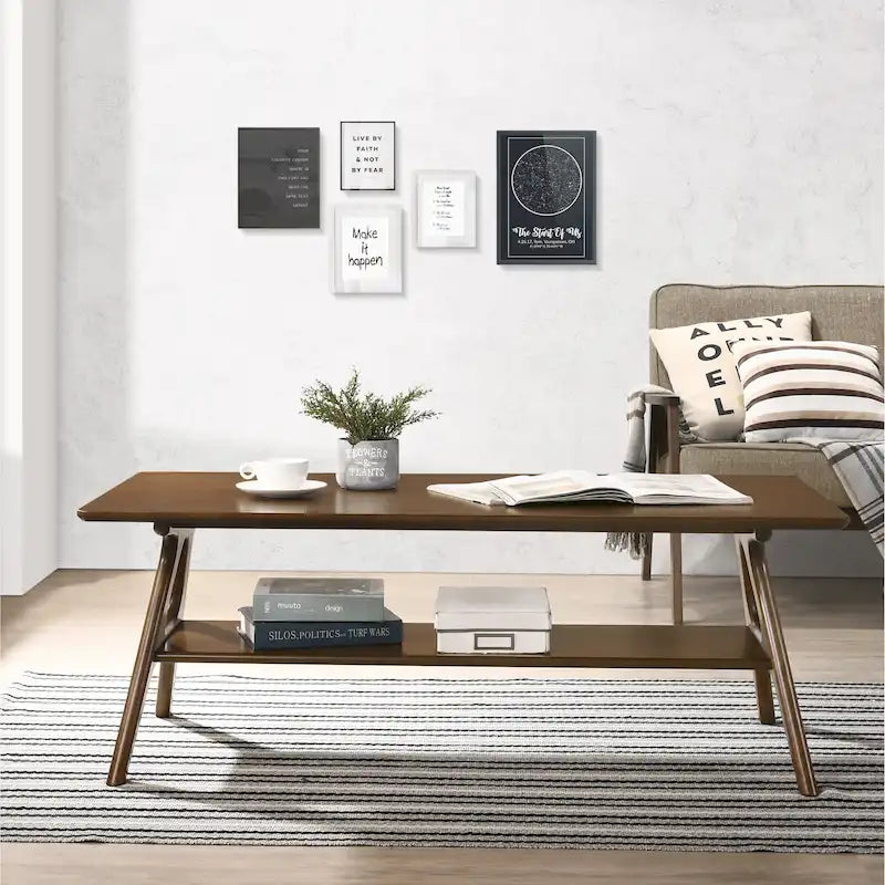 Tavolino da Caffè Mid-Century Modern con Piano Impiallacciato in Okoumé, Gambe e Ripiano Inferiore in Legno di Gomma – Rovere Naturale / Bianco Sporco / Noce, Singolo