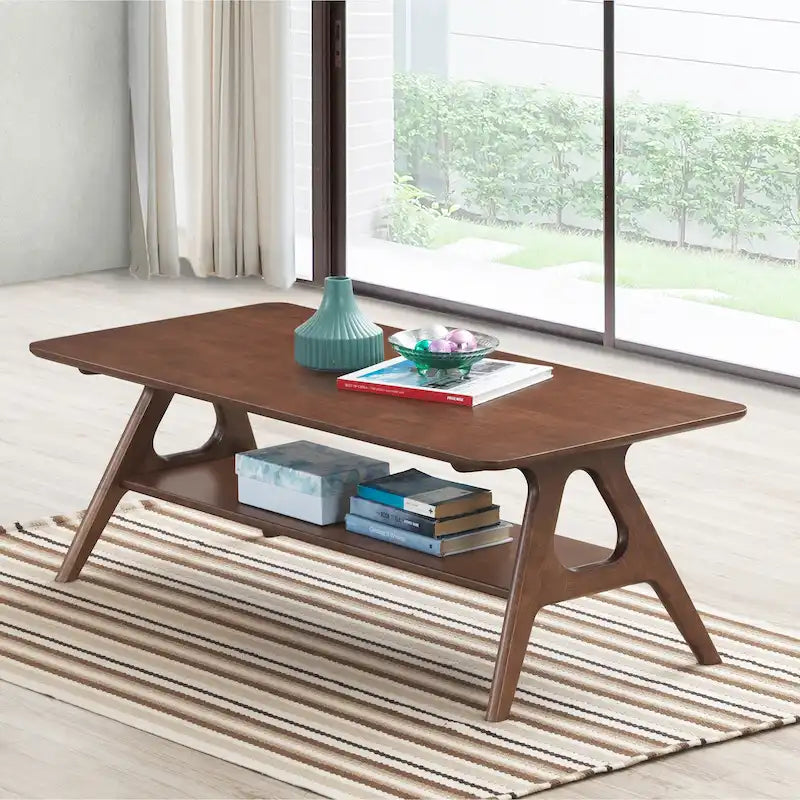 Tavolino da Caffè Mid-Century Modern con Piano Impiallacciato in Okoumé, Gambe e Ripiano Inferiore in Legno di Gomma – Rovere Naturale / Bianco Sporco / Noce, Singolo