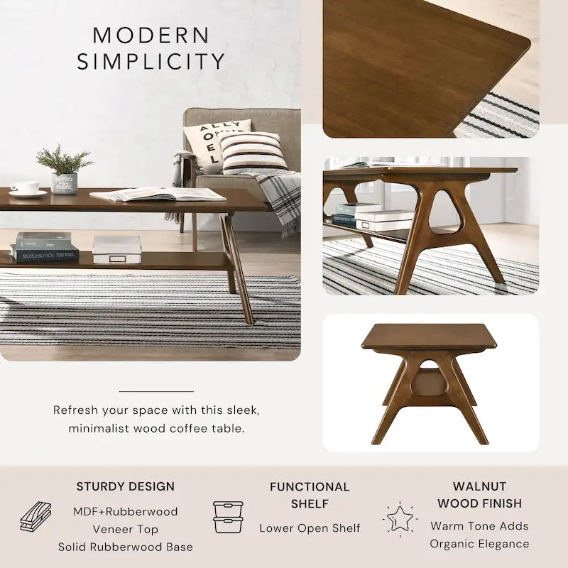 Tavolino da Caffè Mid-Century Modern con Piano Impiallacciato in Okoumé, Gambe e Ripiano Inferiore in Legno di Gomma – Rovere Naturale / Bianco Sporco / Noce, Singolo