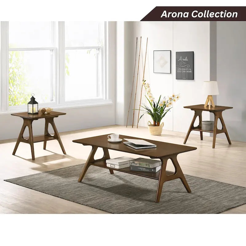 Tavolino da Caffè Mid-Century Modern con Piano Impiallacciato in Okoumé, Gambe e Ripiano Inferiore in Legno di Gomma – Rovere Naturale / Bianco Sporco / Noce, Singolo