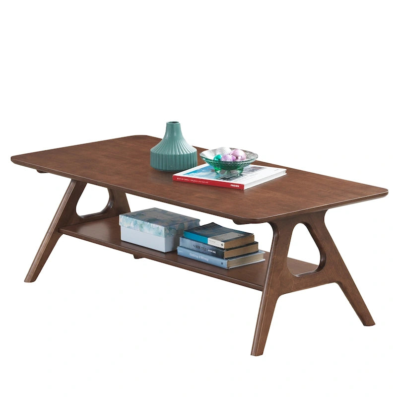 Tavolino da Caffè Mid-Century Modern con Piano Impiallacciato in Okoumé, Gambe e Ripiano Inferiore in Legno di Gomma – Rovere Naturale / Bianco Sporco / Noce, Singolo