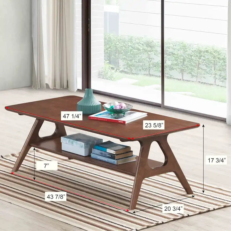 Tavolino da Caffè Mid-Century Modern con Piano Impiallacciato in Okoumé, Gambe e Ripiano Inferiore in Legno di Gomma – Rovere Naturale / Bianco Sporco / Noce, Singolo