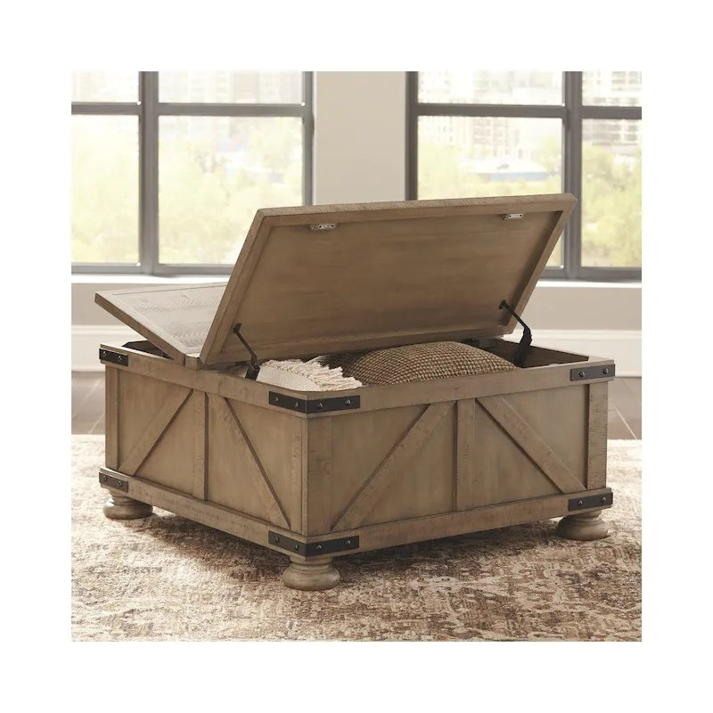 Tavolino da Salotto Contenitore Stile Rustico con Doppio Coperchio e Dettagli in Metallo – Grigio / Piano in Legno, Singolo